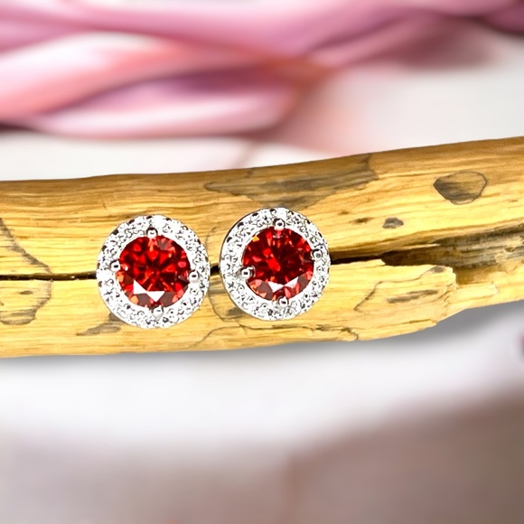 Sparkling Burgundy Moissanite Earrings Handcrafted in Halo Settings in Sterling - Picture 5 of 6